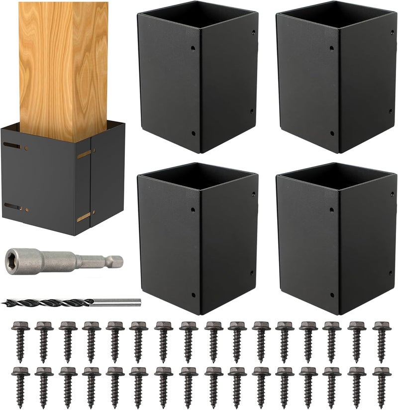 AMUSCHAT 4pcs Adjustable Fence Post Protector, (Range 3.3"-6"), 304 Stainless Steel Post Sleeve, Outdoor Post Base Wrap Cover, Protect Mailbox, Wooden Fence, Deck Railing from Lawnmower and Rain Damage - Image 1